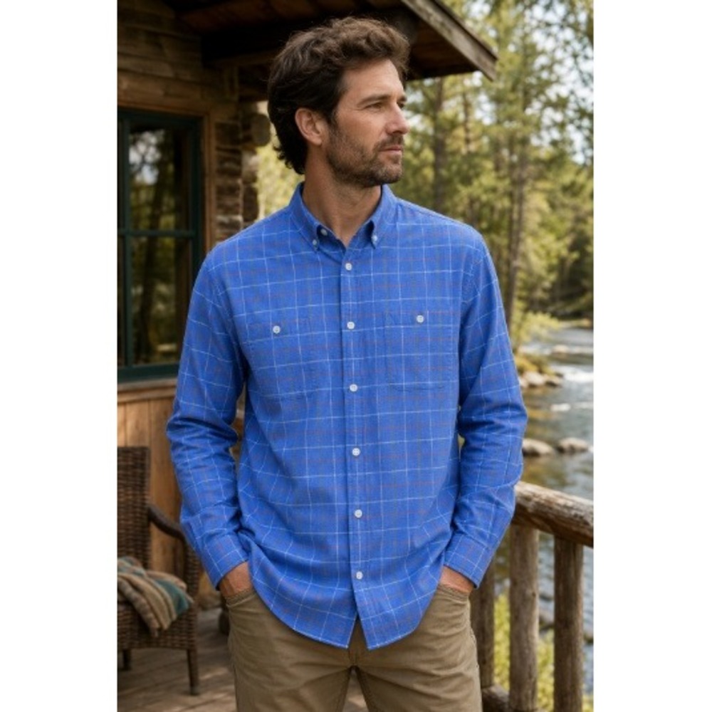 Orvis Button‎ Down Shirt Large Blue Windowpane Check Cotton Outdoor Preppy MT-01